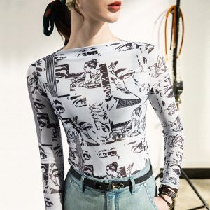 Print slash neck long sleeve thin tops