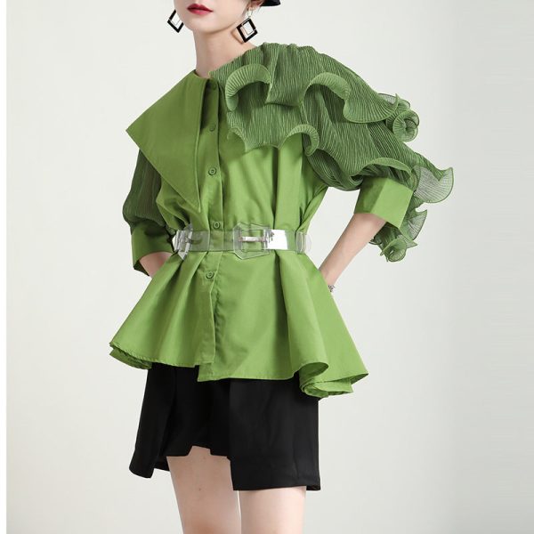 Asymmetrical turn-down collar ruffle shirts with belt