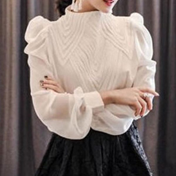 Solid mock neck lantern sleeve chiffon blouses