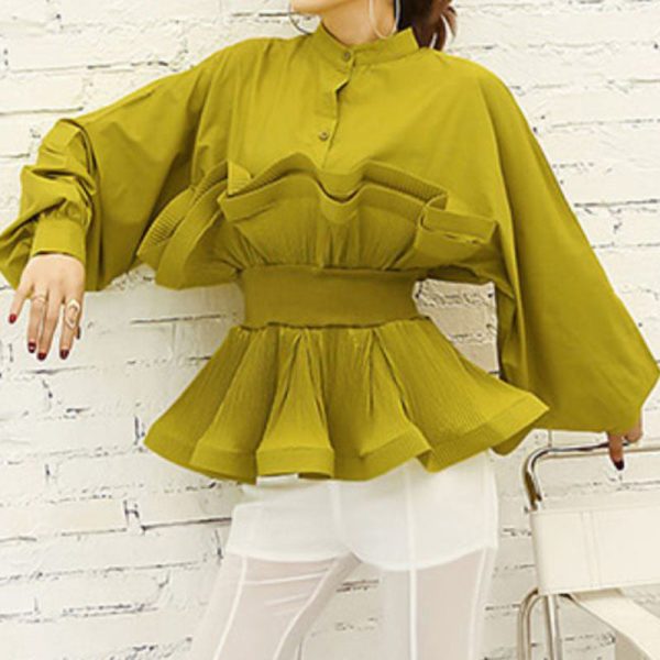 Mock neck irregular lettuce belted blouses