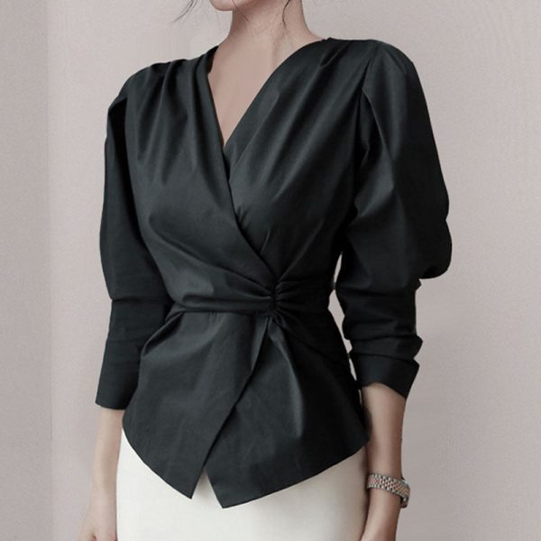 V-neck cinched waist irregular blouses